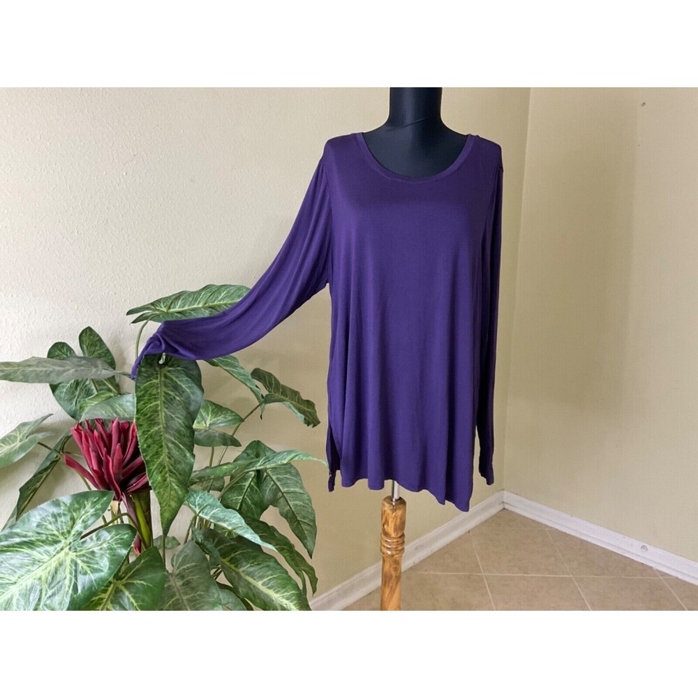 LOGO Lori Goldstein Womens plus size 1X Purple LS Tunic Top stretch Jersey Knit